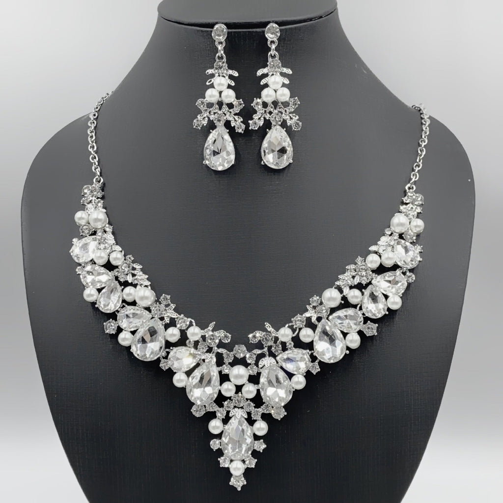 Pearl Teardrop & Rhinestone Necklace Set - Luzilly Bridal & Apparel