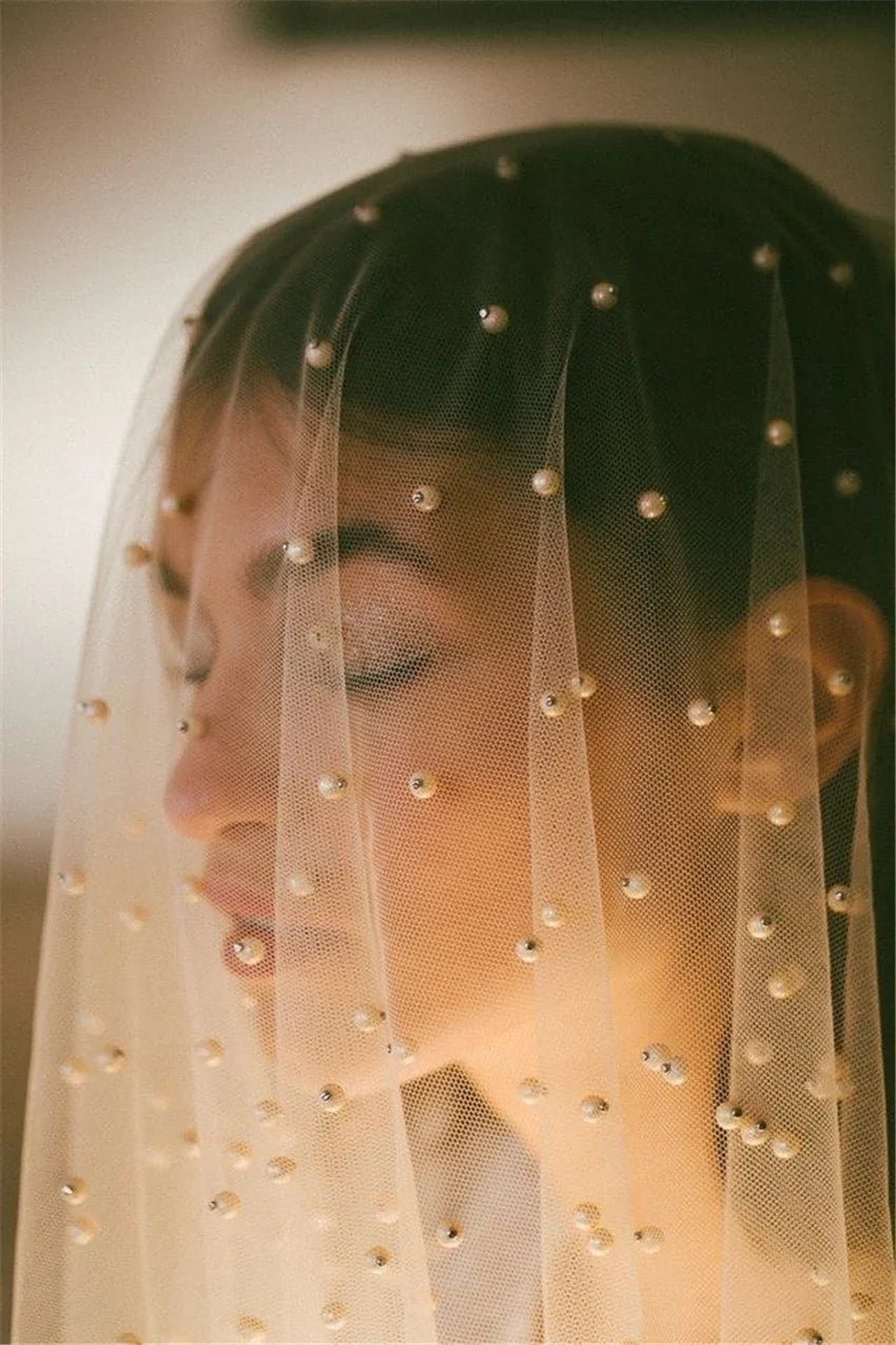 Pearl Two-Tier Blusher Drop Wedding Veil with Comb - Luzilly Bridal & Apparel