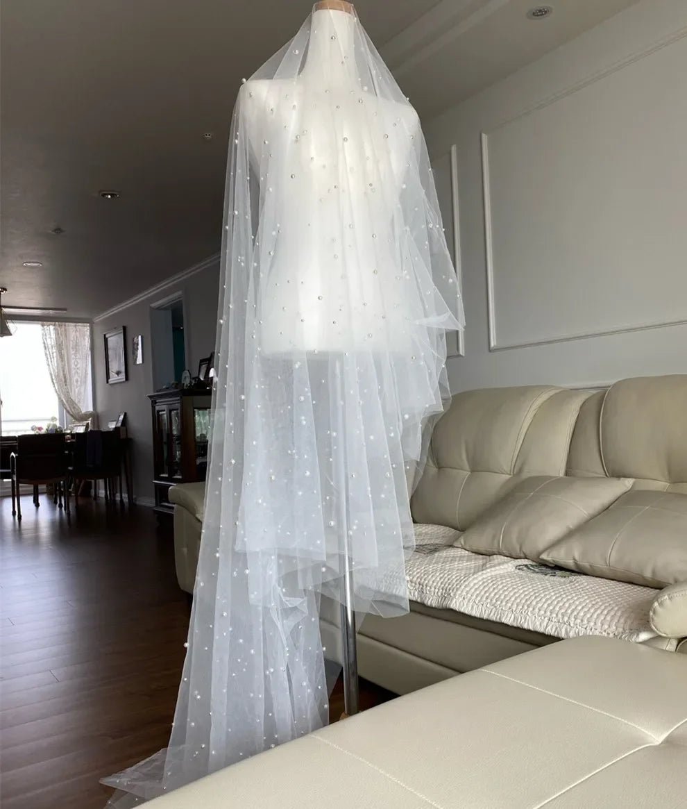 Pearl Two-Tier Blusher Drop Wedding Veil with Comb - Luzilly Bridal & Apparel
