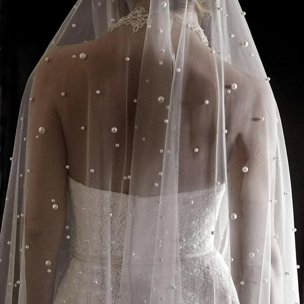 Pearl Two-Tier Blusher Drop Wedding Veil with Comb - Luzilly Bridal & Apparel
