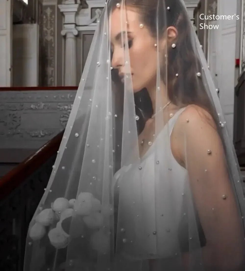 Pearl Two-Tier Blusher Drop Wedding Veil with Comb - Luzilly Bridal & Apparel