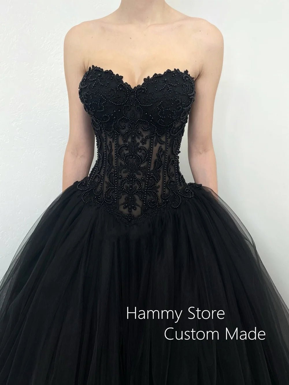 Pearls Gothic Wedding Dress Customized Sweetheart Applique Ball Gown Corset Bride Dresses Robe Mariee Black Wedding Gowns - Luzilly Bridal & Apparel