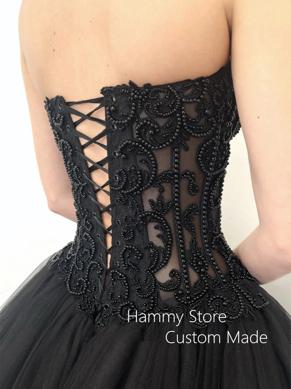 Pearls Gothic Wedding Dress Customized Sweetheart Applique Ball Gown Corset Bride Dresses Robe Mariee Black Wedding Gowns - Luzilly Bridal & Apparel