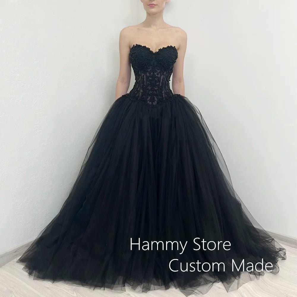 Pearls Gothic Wedding Dress Customized Sweetheart Applique Ball Gown Corset Bride Dresses Robe Mariee Black Wedding Gowns - Luzilly Bridal & Apparel