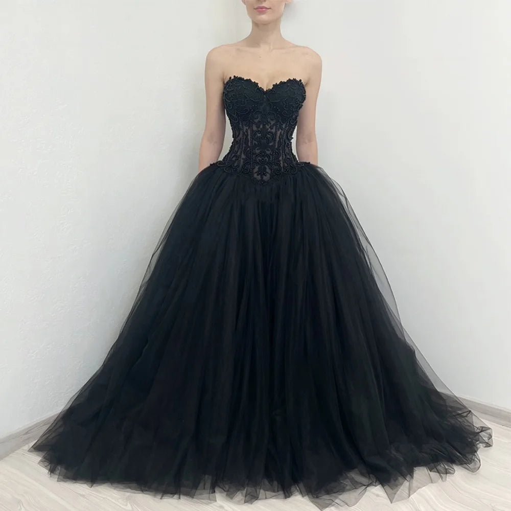 Pearls Gothic Wedding Dress Customized Sweetheart Applique Ball Gown Corset Bride Dresses Robe Mariee Black Wedding Gowns - Luzilly Bridal & Apparel