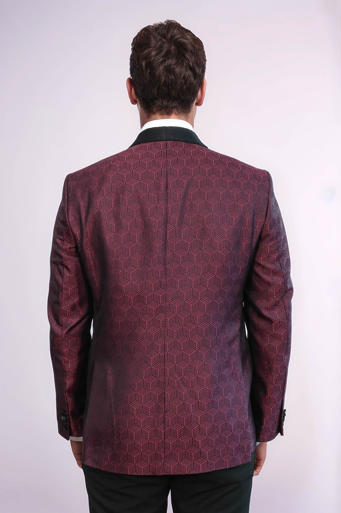Pentagon Patterned Shawl Lapel Burgundy Men Dinner Jacket - Wessi - Luzilly Bridal & Apparel