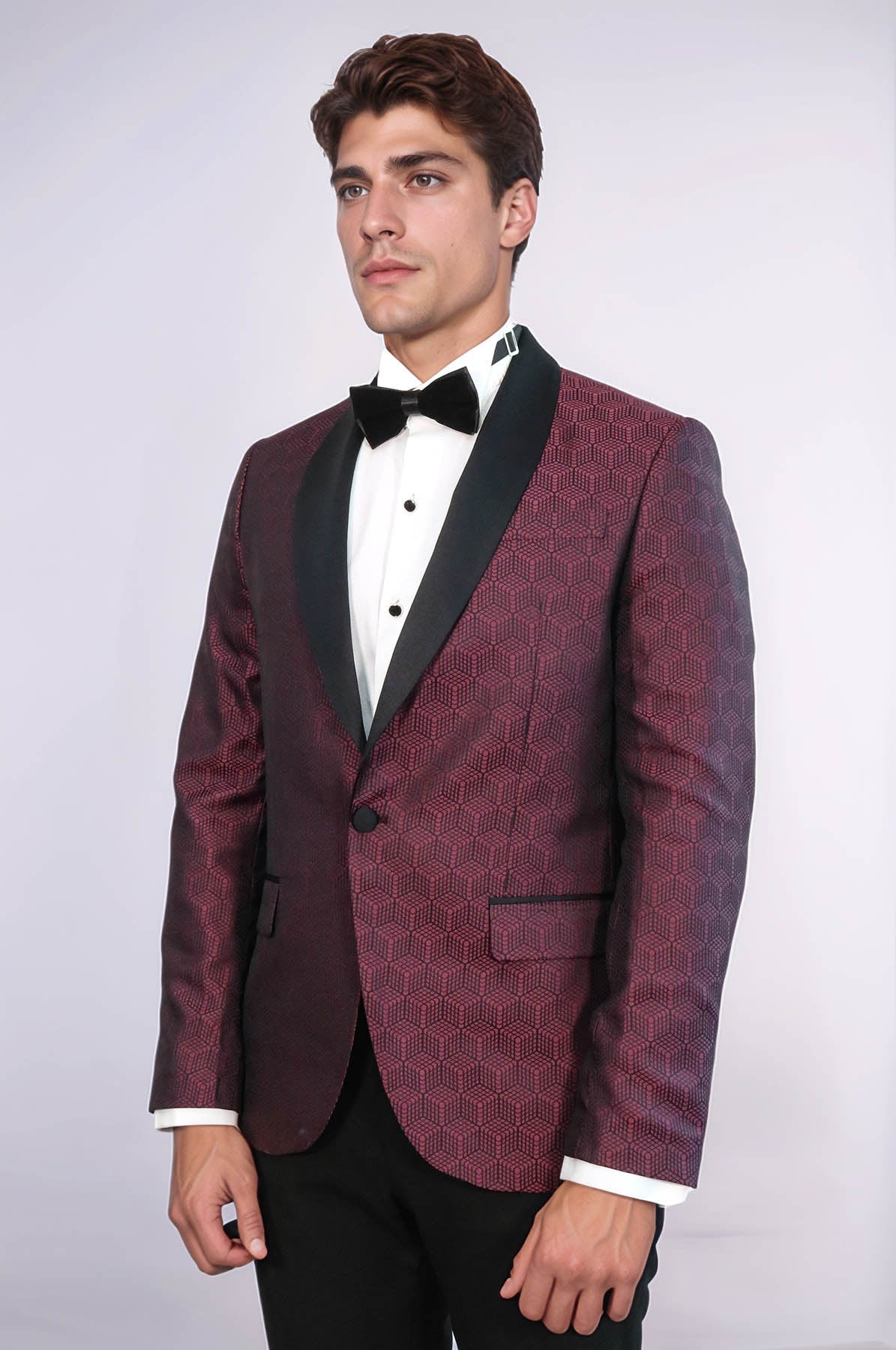 Pentagon Patterned Shawl Lapel Burgundy Men Dinner Jacket - Wessi - Luzilly Bridal & Apparel