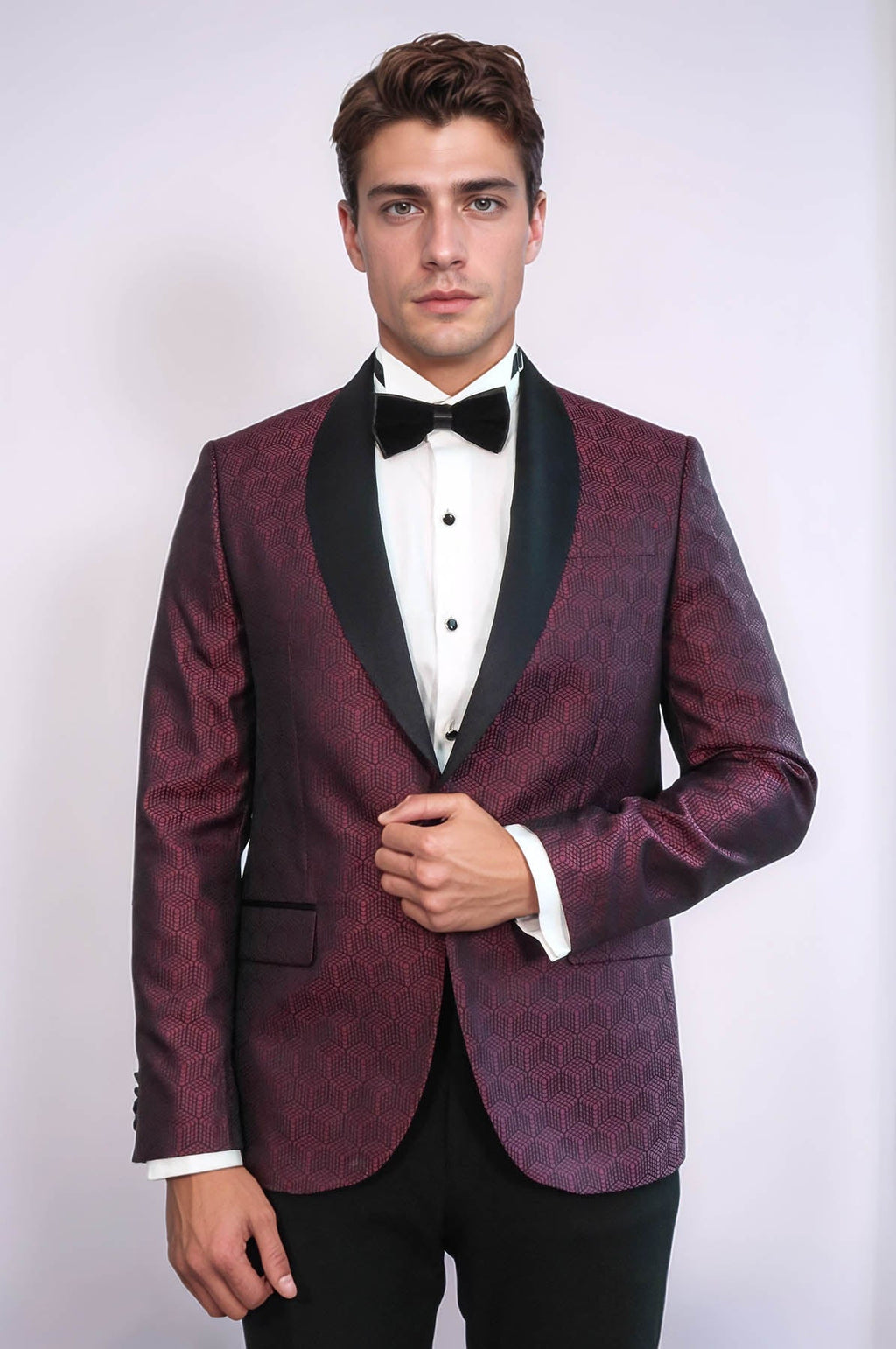 Pentagon Patterned Shawl Lapel Burgundy Men Dinner Jacket - Wessi - Luzilly Bridal & Apparel
