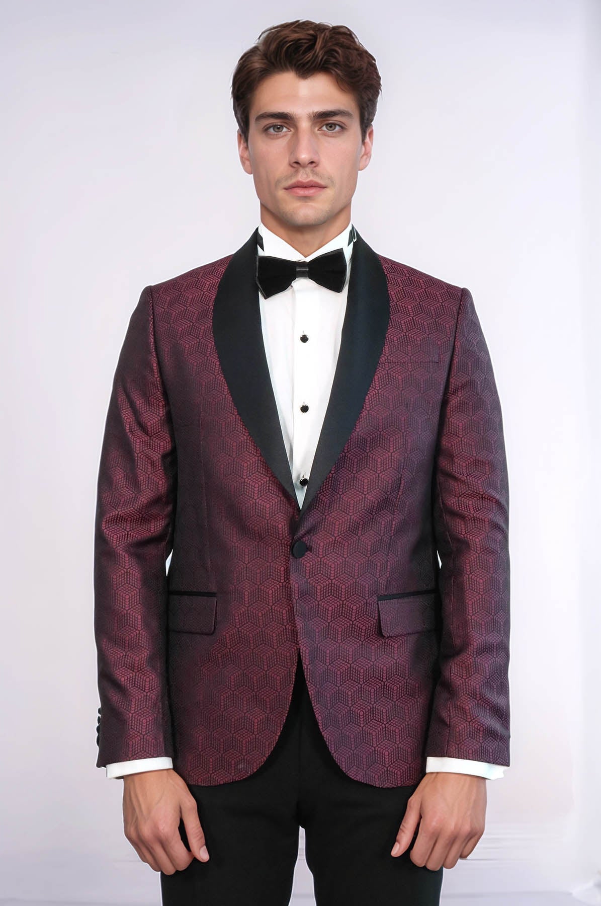 Pentagon Patterned Shawl Lapel Burgundy Men Dinner Jacket - Wessi - Luzilly Bridal & Apparel