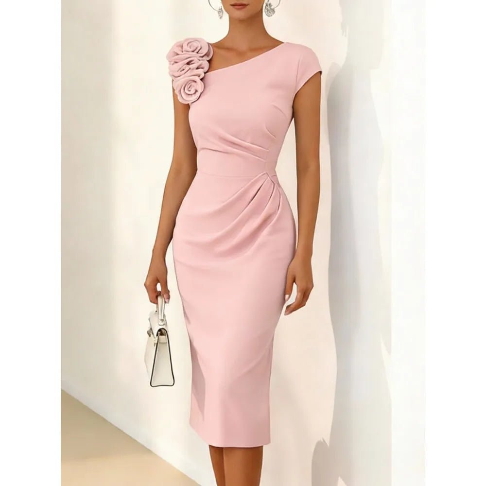Pink 3D Floral Ruched Midi Mother of the Bride Dress - Luzilly Bridal & Apparel