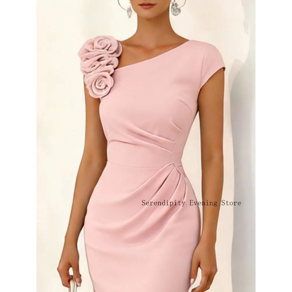 Pink 3D Floral Ruched Midi Mother of the Bride Dress - Luzilly Bridal & Apparel