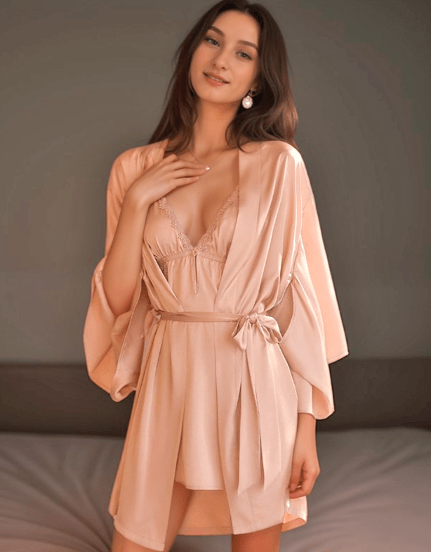 Pink Black Lace Silky Bridal Lingerie Set S-6XL Night Dress and Robe - Luzilly Bridal & Apparel