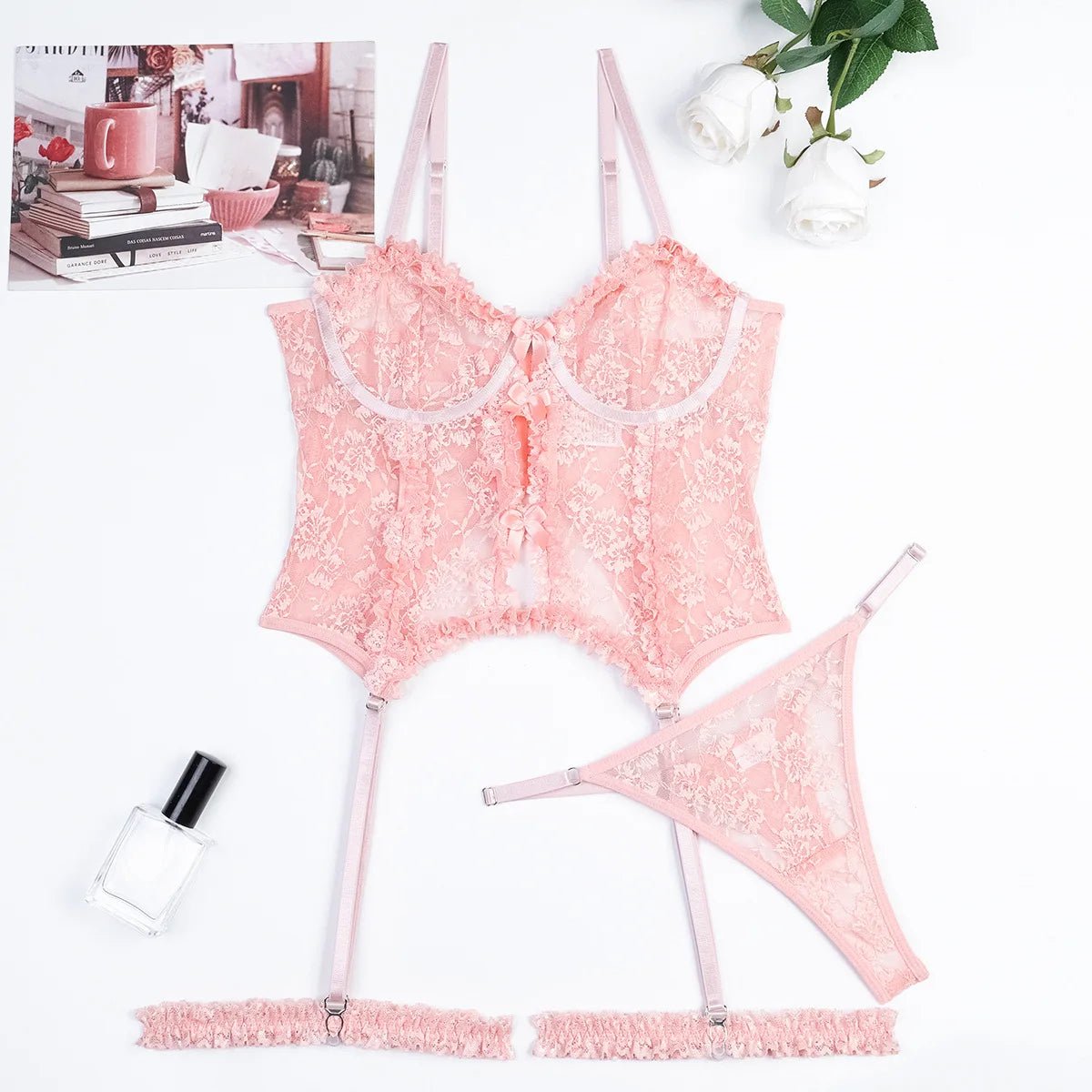 Pink Frilled Lace Bralette & Garter Belt Set - Luzilly Bridal & Apparel