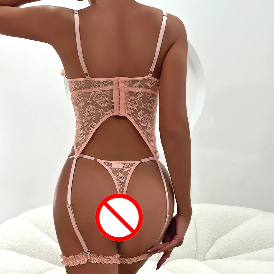Pink Frilled Lace Bralette & Garter Belt Set - Luzilly Bridal & Apparel