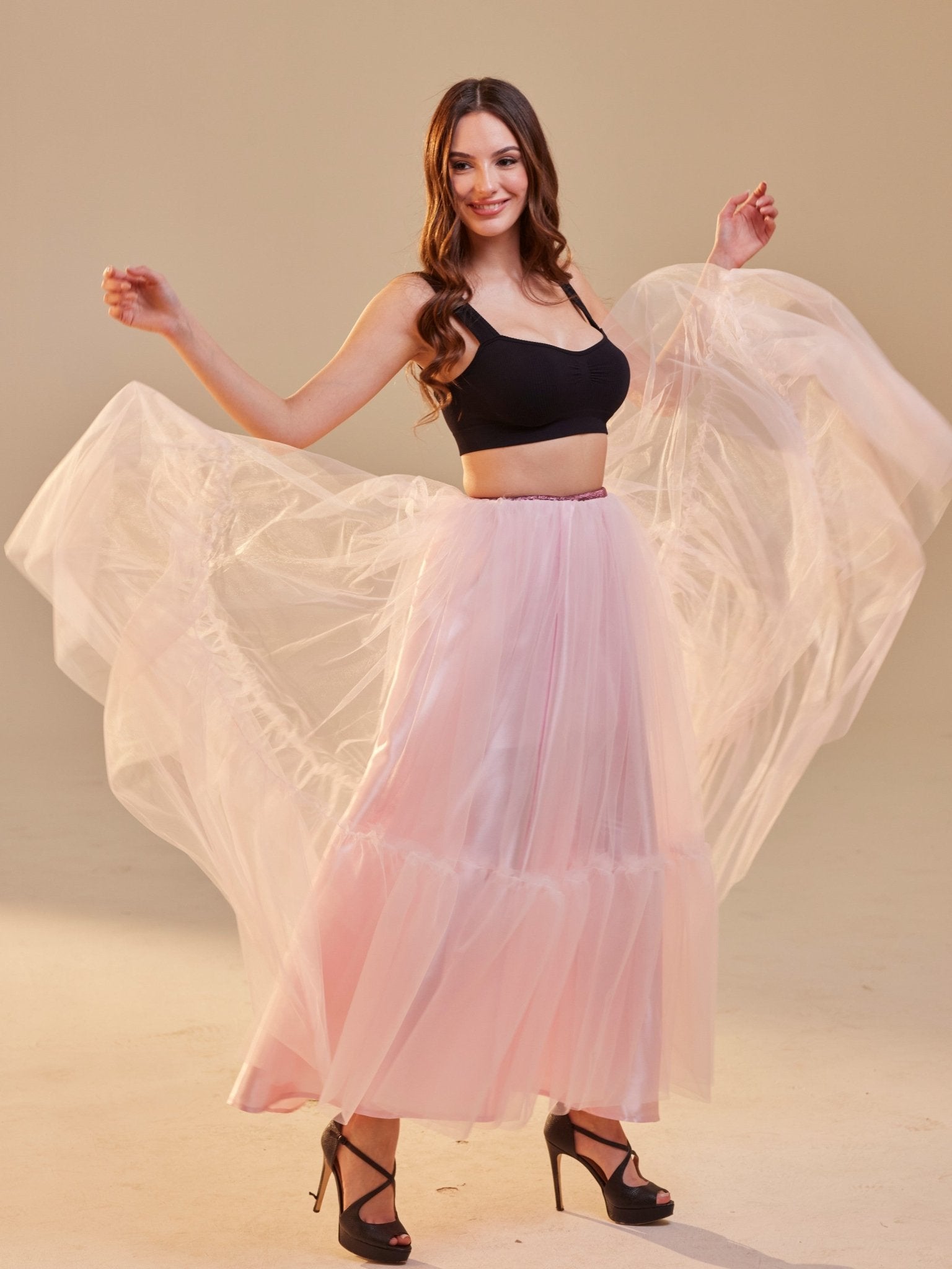 Pink Layered Tulle Skirt , Ruffled Maxi Skirt for Women, Long Tulle Skirt, Elegant Bridesmaid Skirt, - Luzilly Bridal & Apparel