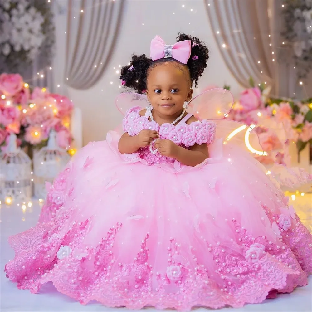 Pink Pearl & Lace Flower Girl Ball Gown - Luzilly Bridal & Apparel