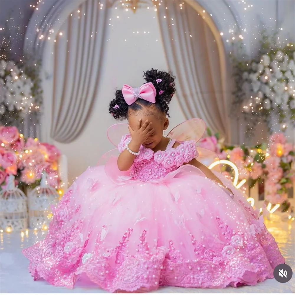 Pink Pearl & Lace Flower Girl Ball Gown - Luzilly Bridal & Apparel
