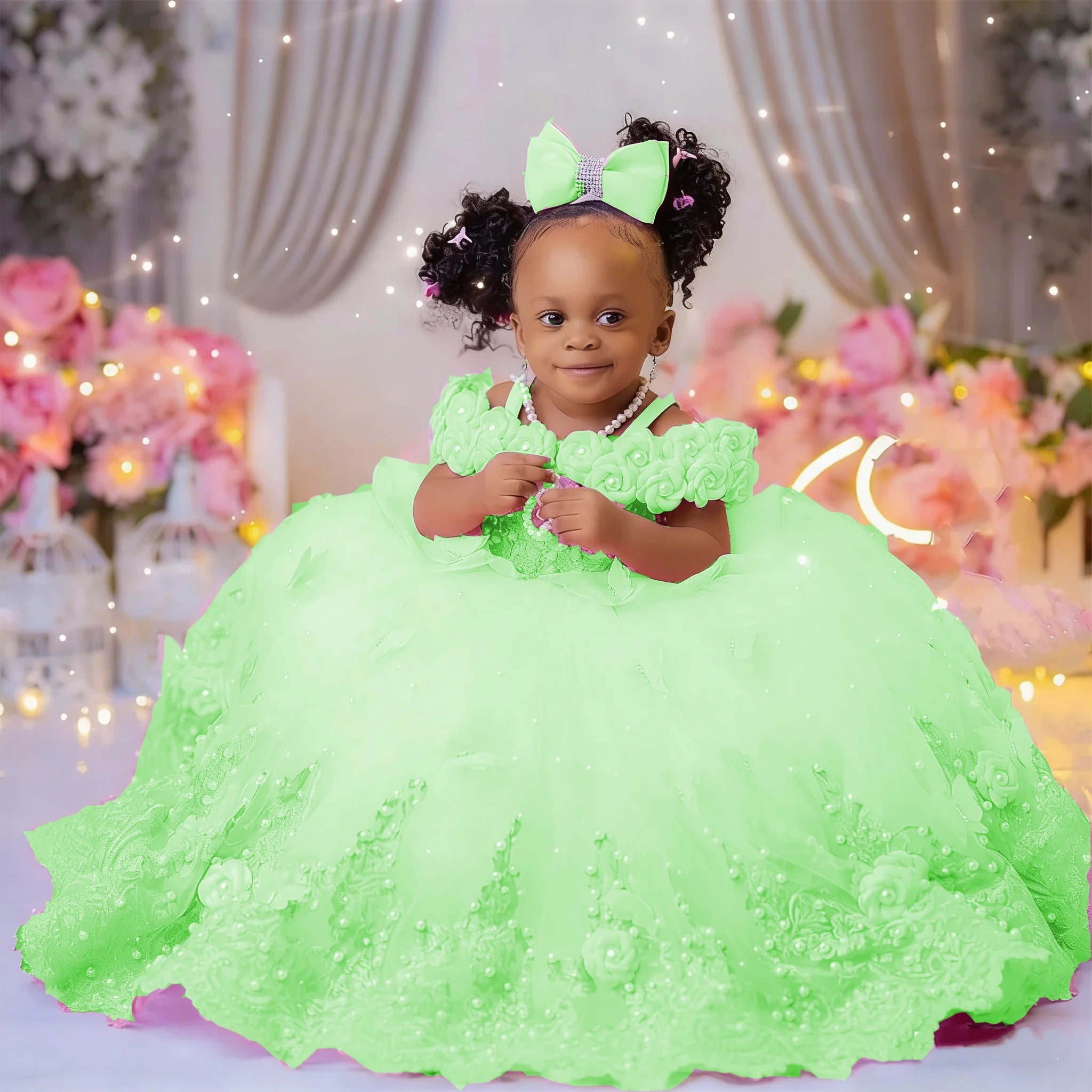Pink Pearl & Lace Flower Girl Ball Gown - Luzilly Bridal & Apparel