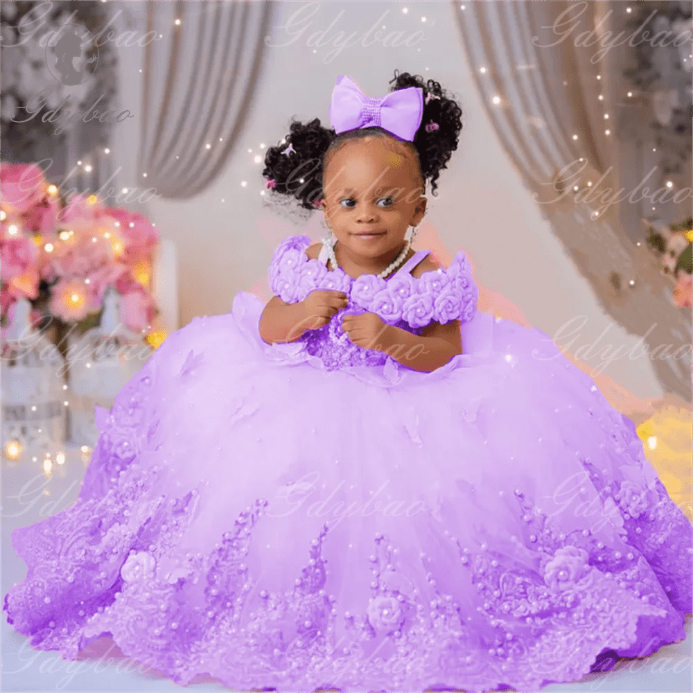 Pink Pearl & Lace Flower Girl Ball Gown - Luzilly Bridal & Apparel