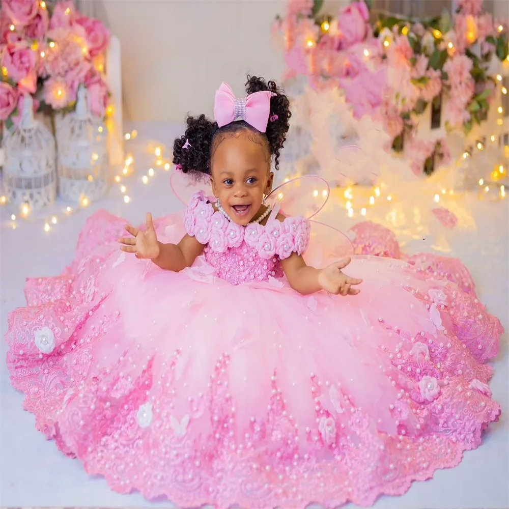 Pink Pearl & Lace Flower Girl Ball Gown - Luzilly Bridal & Apparel