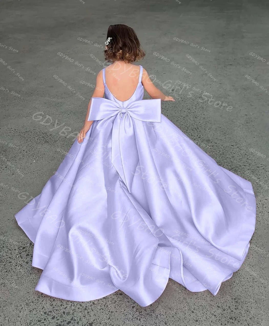 Pink Satin Flower Girl Dress with Bow & Brush Train - Luzilly Bridal & Apparel