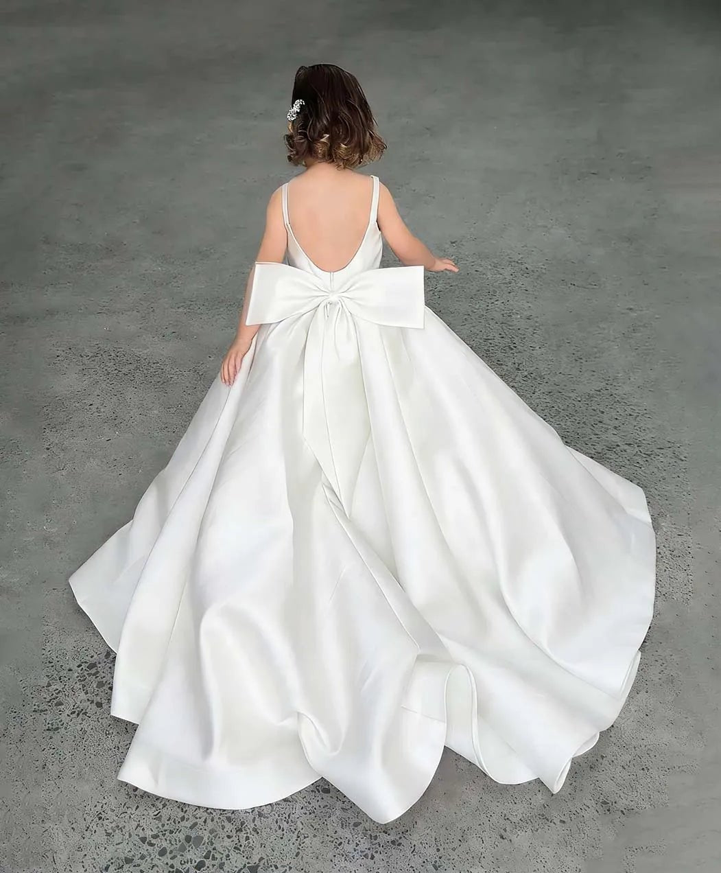 Pink Satin Flower Girl Dress with Bow & Brush Train - Luzilly Bridal & Apparel