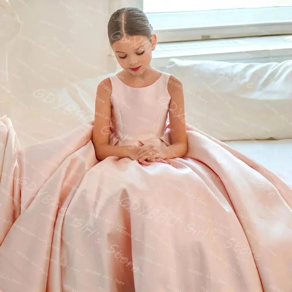 Pink Satin Flower Girl Dress with Bow & Brush Train - Luzilly Bridal & Apparel