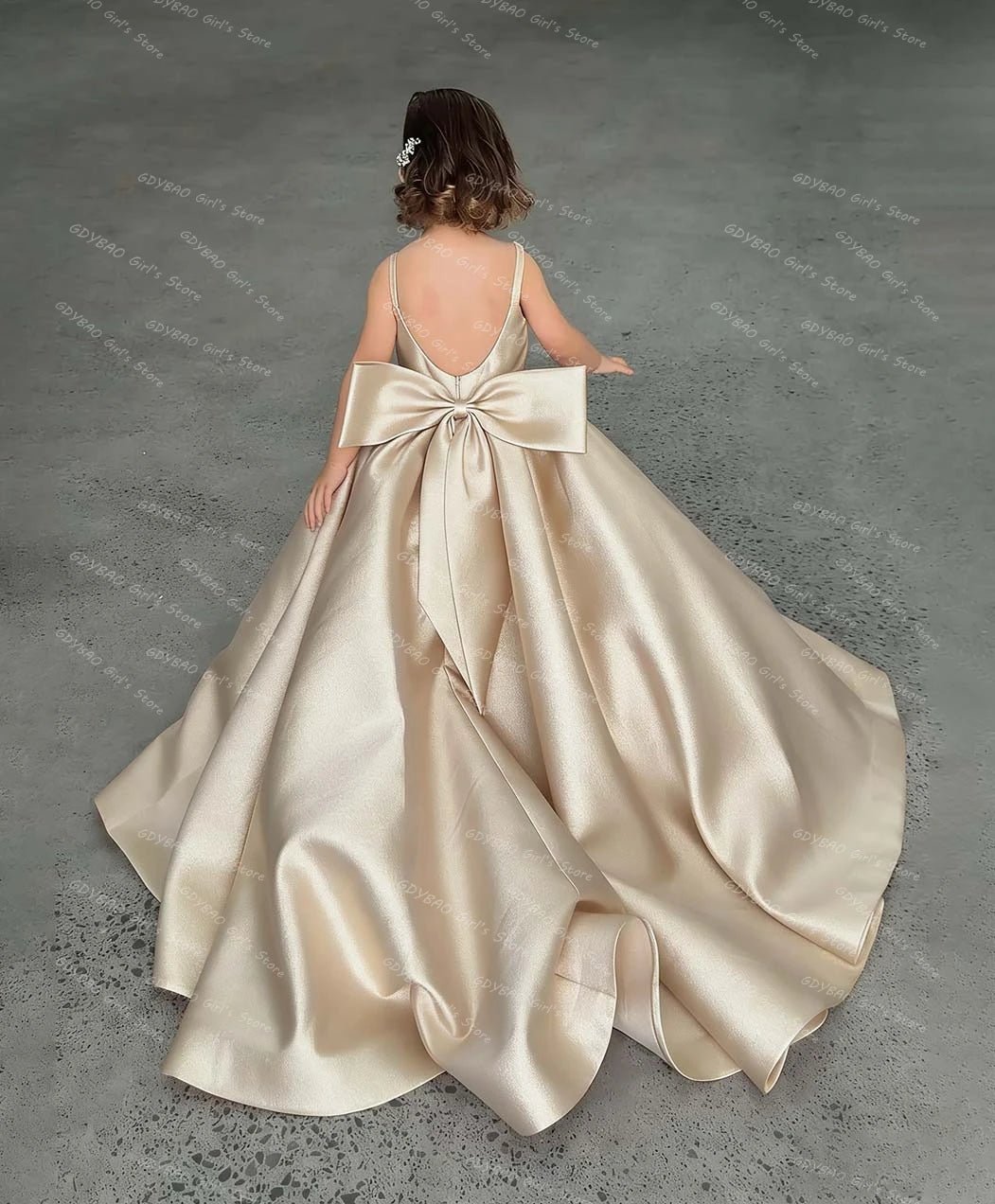 Pink Satin Flower Girl Dress with Bow & Brush Train - Luzilly Bridal & Apparel