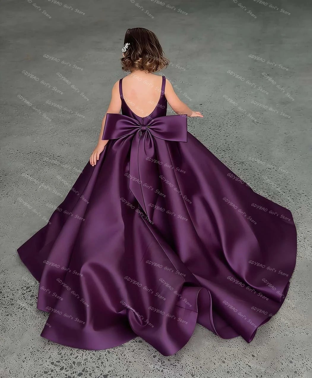 Pink Satin Flower Girl Dress with Bow & Brush Train - Luzilly Bridal & Apparel