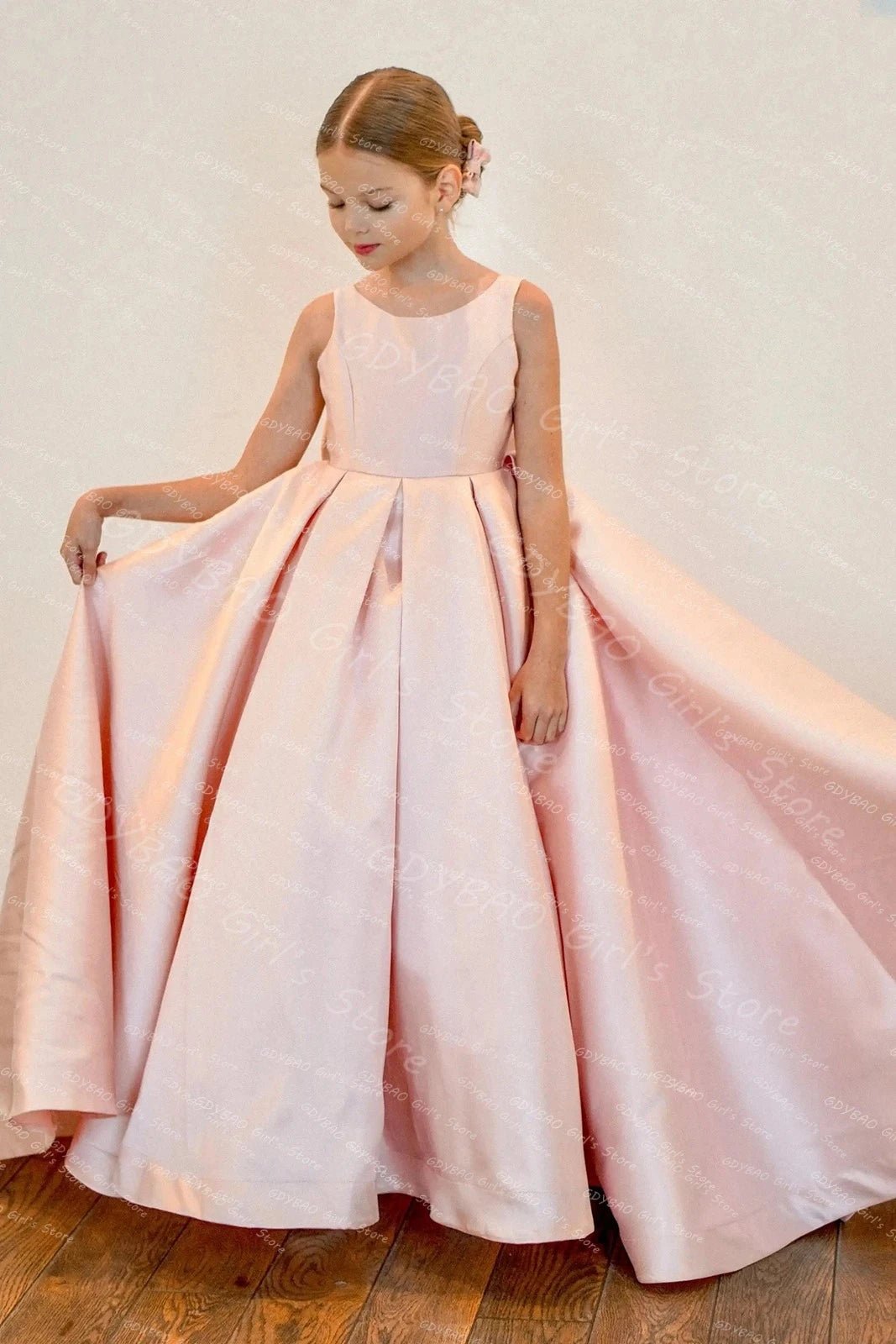 Pink Satin Flower Girl Dress with Bow & Brush Train - Luzilly Bridal & Apparel