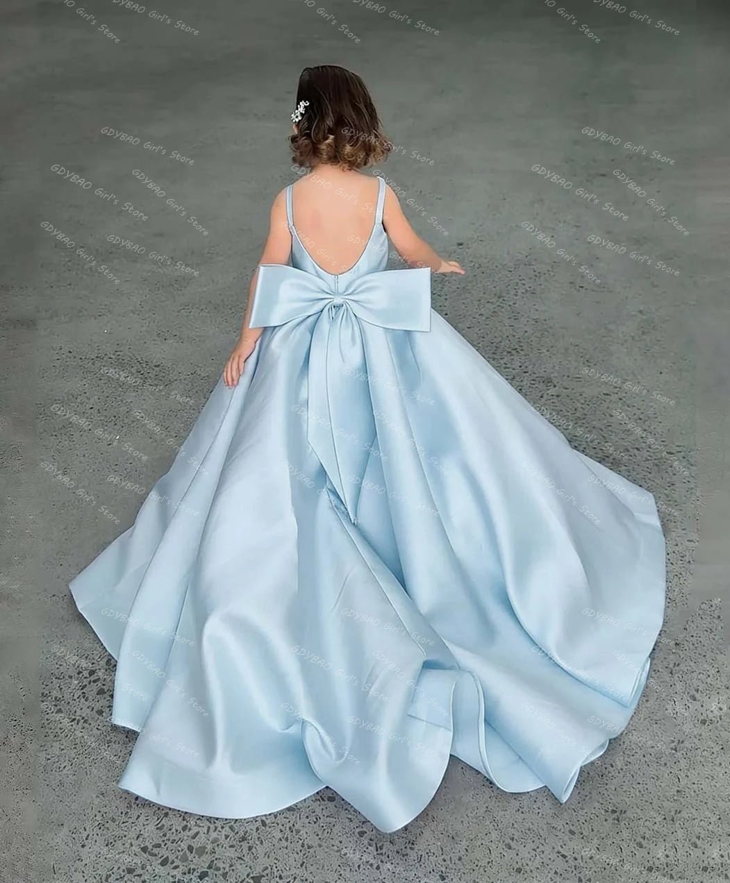 Pink Satin Flower Girl Dress with Bow & Brush Train - Luzilly Bridal & Apparel