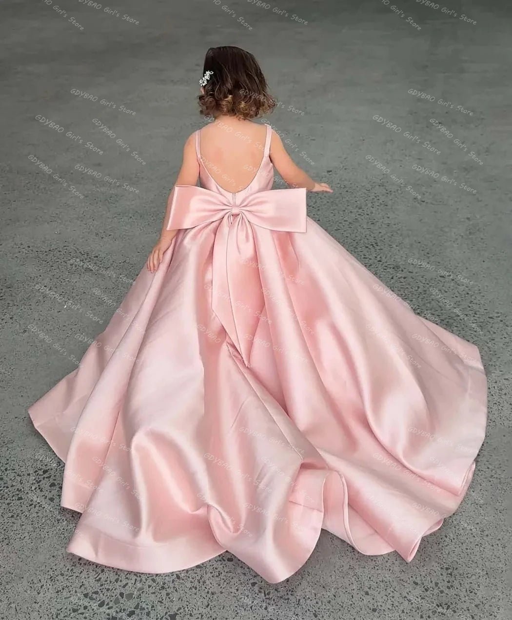 Pink Satin Flower Girl Dress with Bow & Brush Train - Luzilly Bridal & Apparel