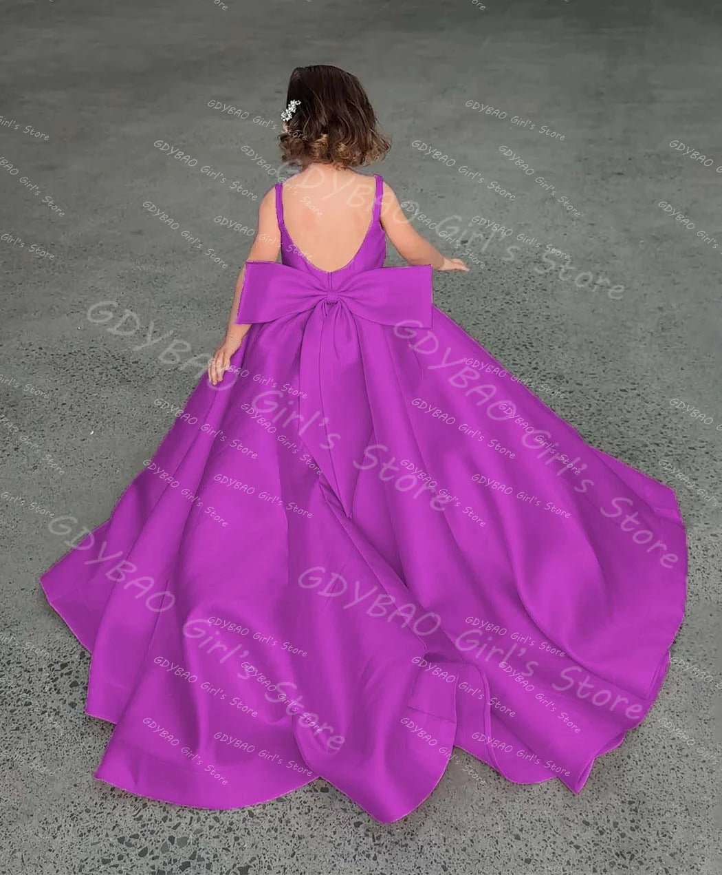 Pink Satin Flower Girl Dress with Bow & Brush Train - Luzilly Bridal & Apparel
