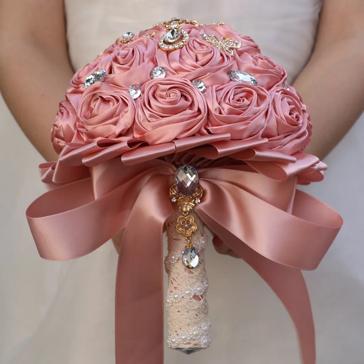 Pink Satin Rose Bridal Bouquet with Rhinestone Accents - Luzilly Bridal & Apparel