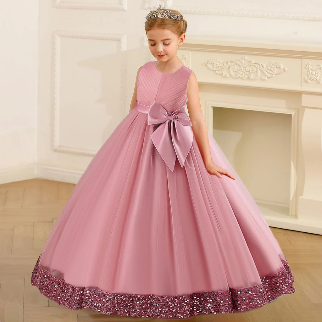 Pink Sequin Bow Princess Flower Girl Dress - Luzilly Bridal & Apparel