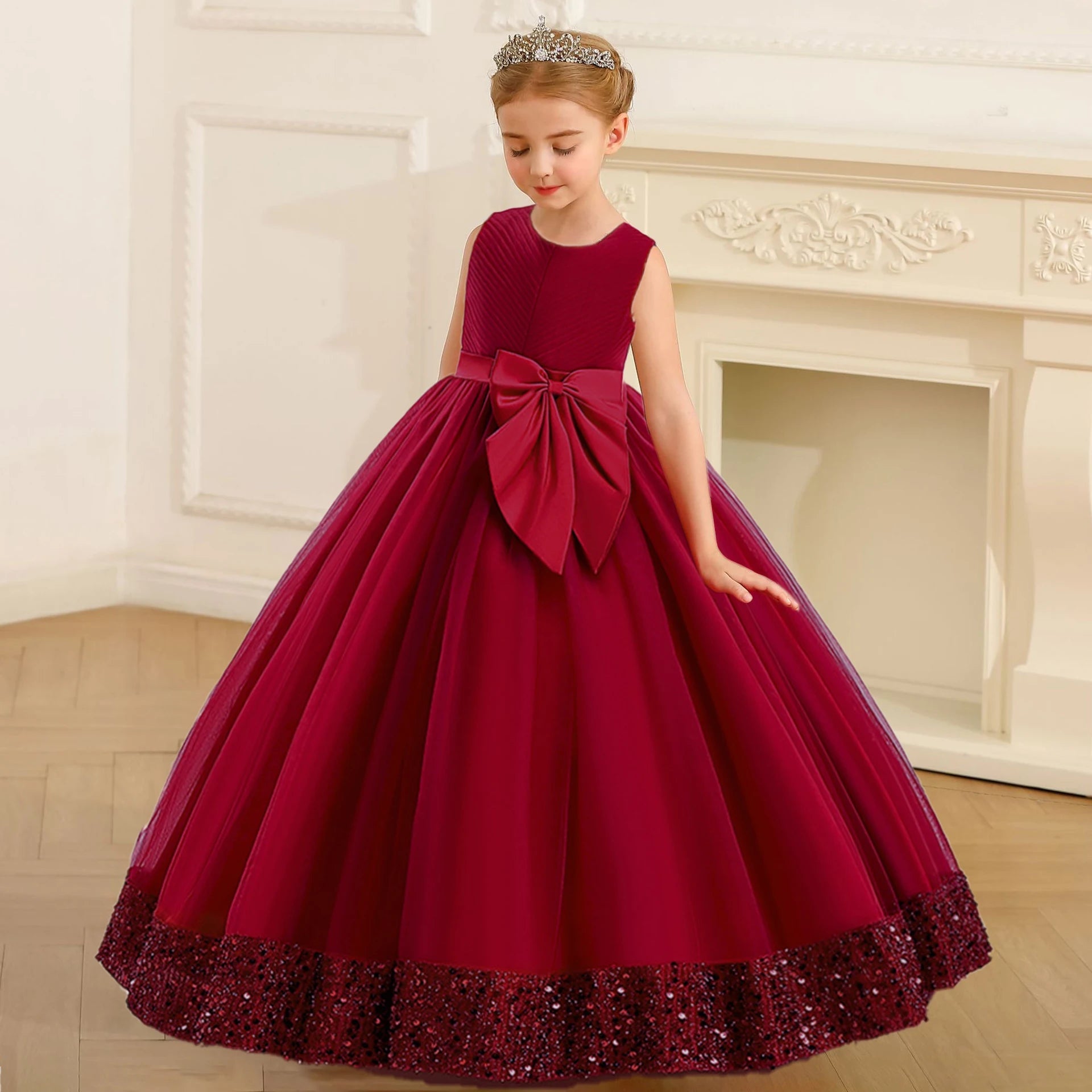 Pink Sequin Bow Princess Flower Girl Dress - Luzilly Bridal & Apparel