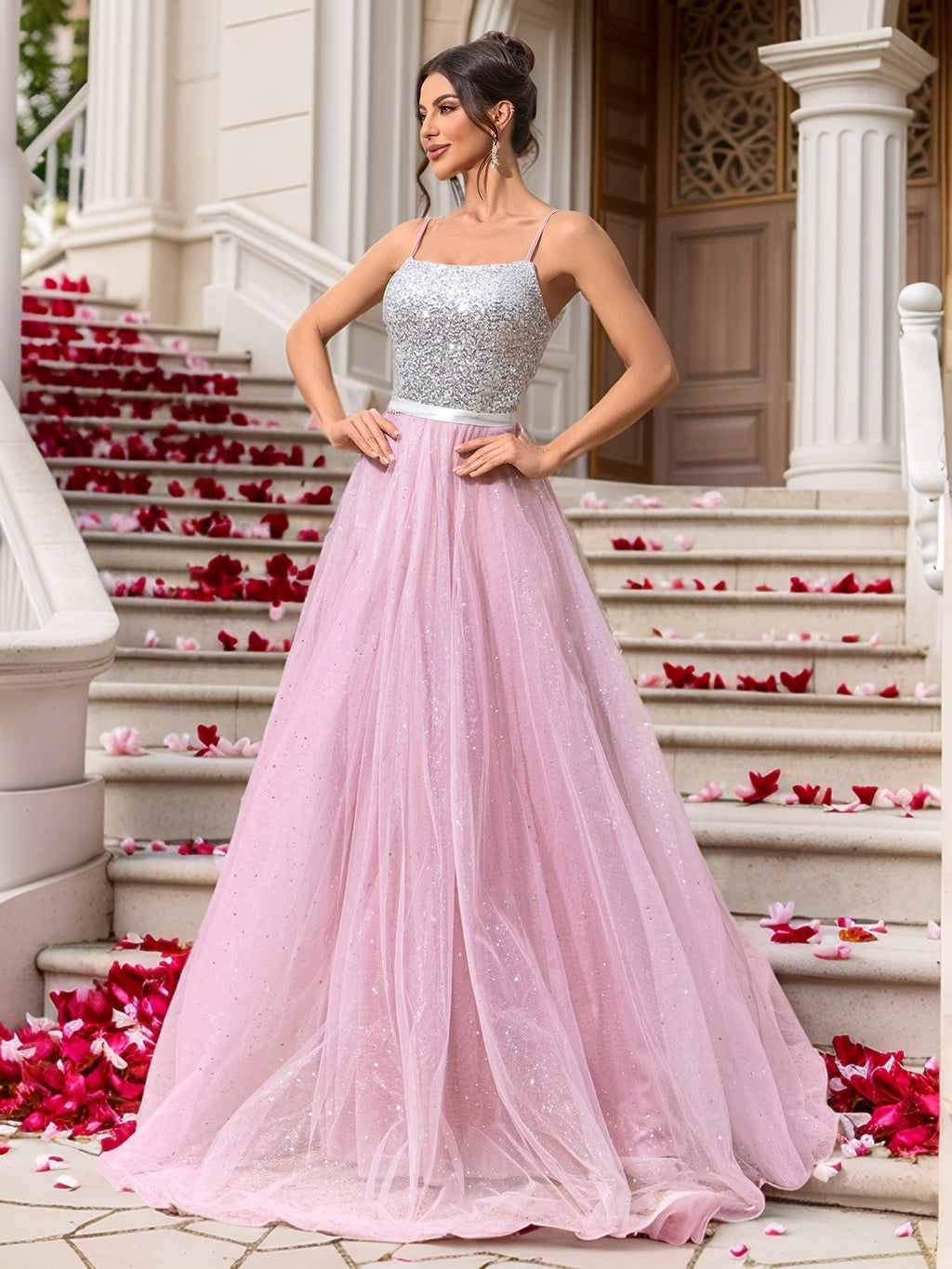 Pink Sequin Wedding Dress Evening Gown Formal Dress - Luzilly Bridal & Apparel