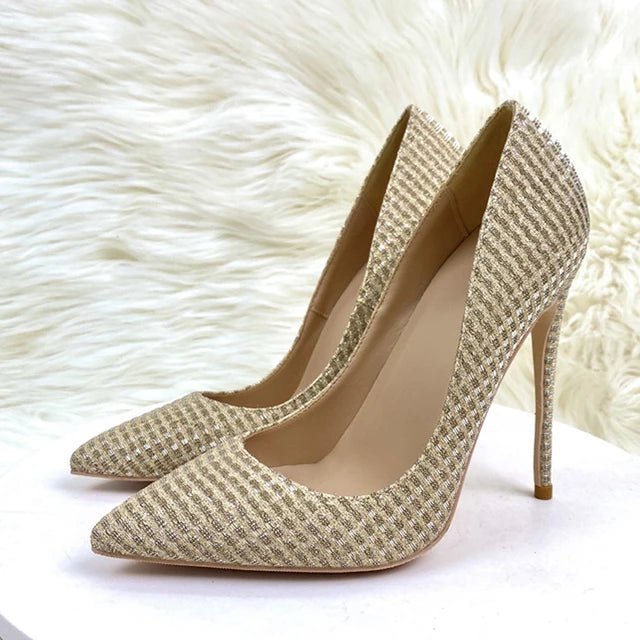 Plaid Glitter Gold Sequined Women Pointy Toe High Heels Classic Wedding Party Shoes Shiny Bling Slip On Stiletto Pumps - Luzilly Bridal & Apparel