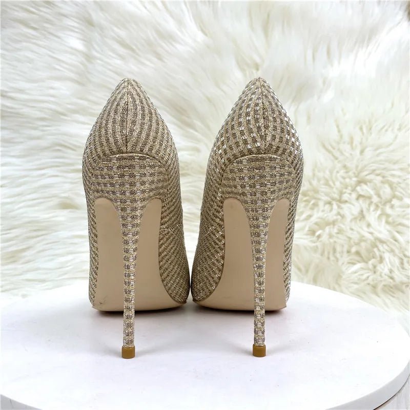 Plaid Glitter Gold Sequined Women Pointy Toe High Heels Classic Wedding Party Shoes Shiny Bling Slip On Stiletto Pumps - Luzilly Bridal & Apparel