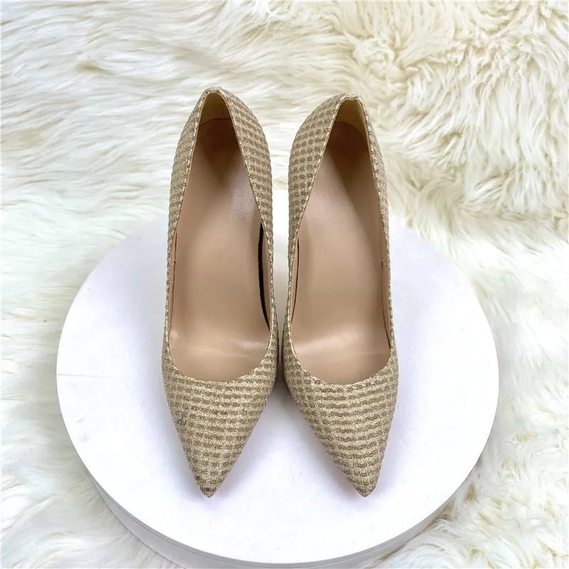Plaid Glitter Gold Sequined Women Pointy Toe High Heels Classic Wedding Party Shoes Shiny Bling Slip On Stiletto Pumps - Luzilly Bridal & Apparel