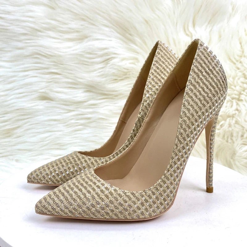 Plaid Glitter Gold Sequined Women Pointy Toe High Heels Classic Wedding Party Shoes Shiny Bling Slip On Stiletto Pumps - Luzilly Bridal & Apparel