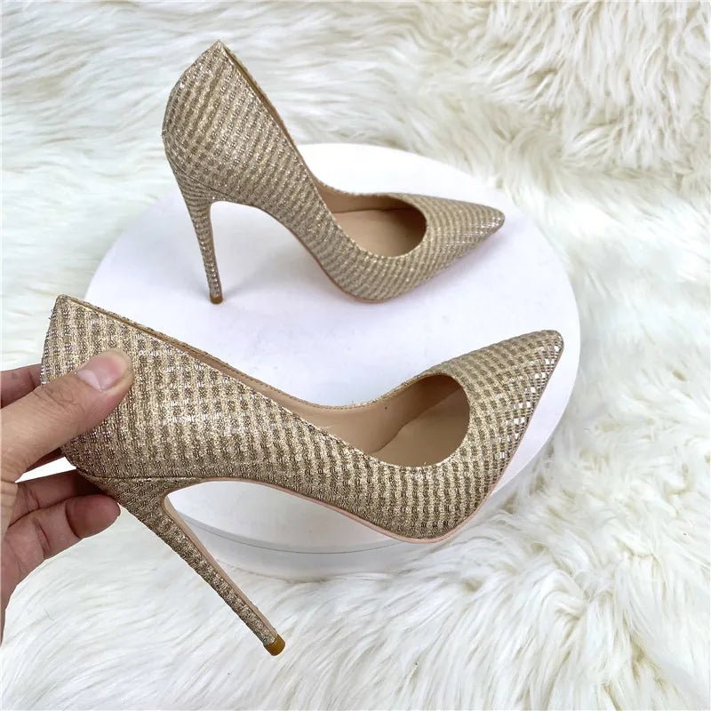 Plaid Glitter Gold Sequined Women Pointy Toe High Heels Classic Wedding Party Shoes Shiny Bling Slip On Stiletto Pumps - Luzilly Bridal & Apparel