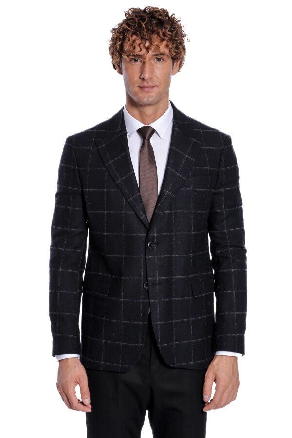 Plaid Wool Black Men Blazer - Wessi - Luzilly Bridal & Apparel