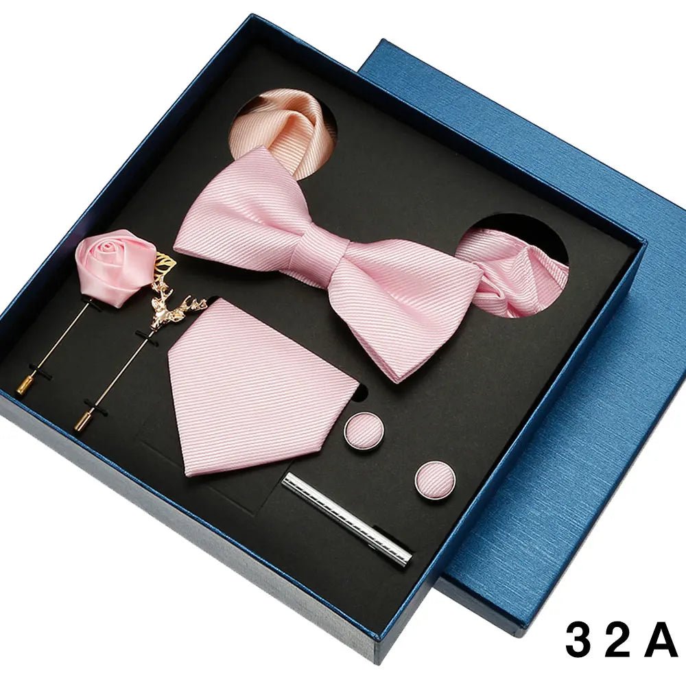 Plain Tie Set For Men Solid Color Necktie Pocket Square Brooch Gift Box For Wedding Business Luxury 8pcs Mens Gift Gravatas - Luzilly Bridal & Apparel
