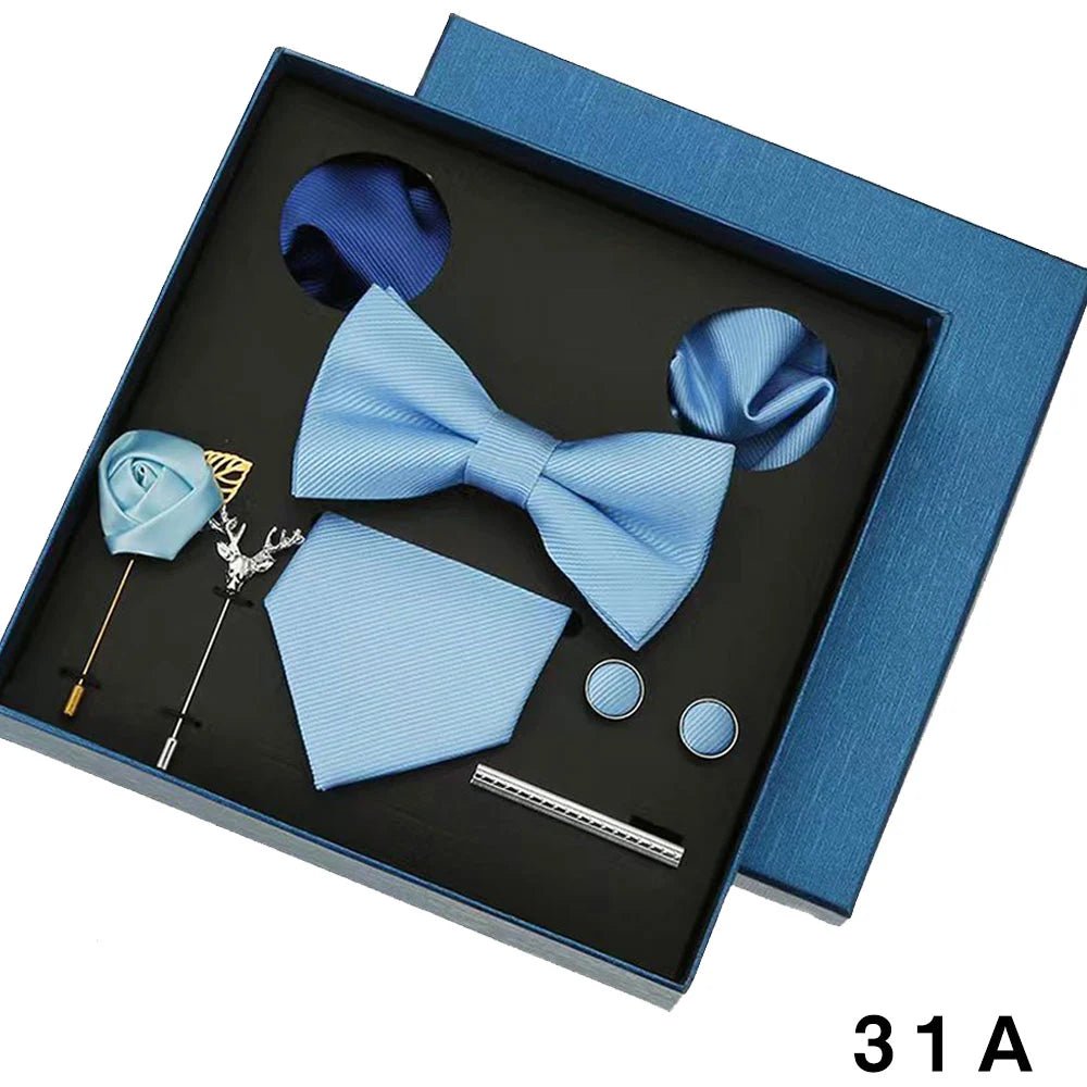 Plain Tie Set For Men Solid Color Necktie Pocket Square Brooch Gift Box For Wedding Business Luxury 8pcs Mens Gift Gravatas - Luzilly Bridal & Apparel