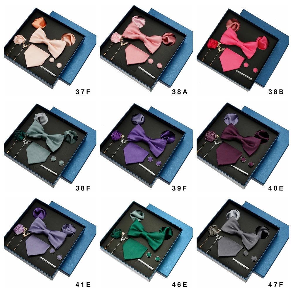 Plain Tie Set For Men Solid Color Necktie Pocket Square Brooch Gift Box For Wedding Business Luxury 8pcs Mens Gift Gravatas - Luzilly Bridal & Apparel