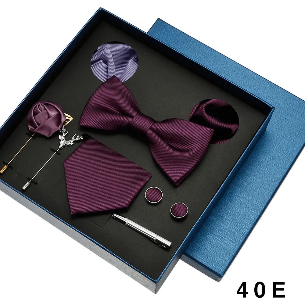 Plain Tie Set For Men Solid Color Necktie Pocket Square Brooch Gift Box For Wedding Business Luxury 8pcs Mens Gift Gravatas - Luzilly Bridal & Apparel