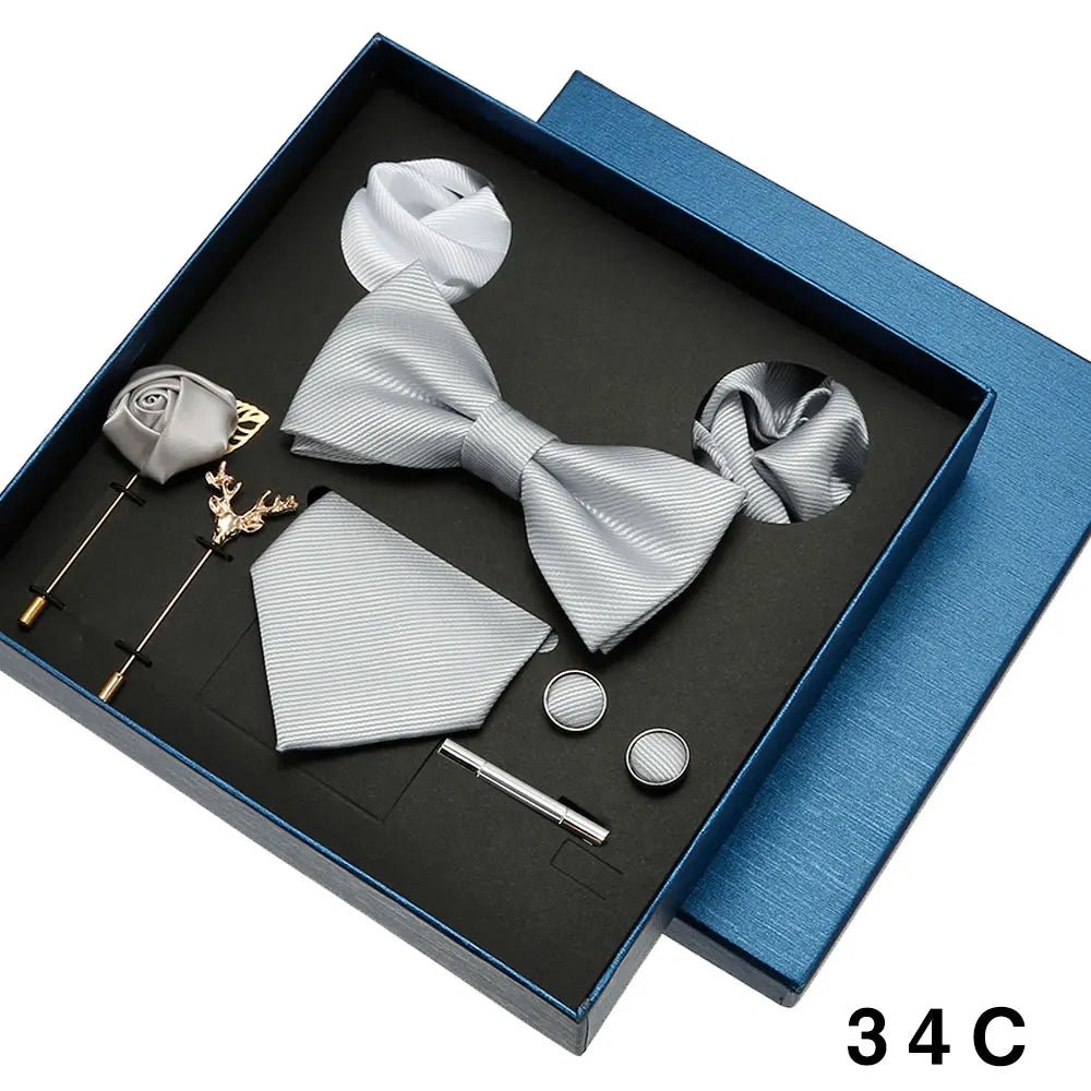 Plain Tie Set For Men Solid Color Necktie Pocket Square Brooch Gift Box For Wedding Business Luxury 8pcs Mens Gift Gravatas - Luzilly Bridal & Apparel