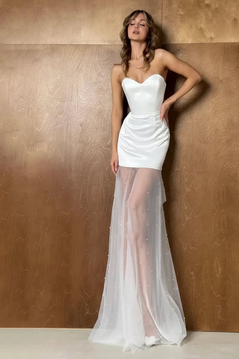 Pleated Beaded Satin Sheath Wedding Dress - Luzilly Bridal & Apparel