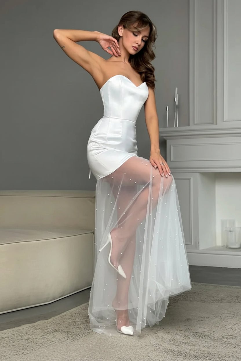 Pleated Beaded Satin Sheath Wedding Dress - Luzilly Bridal & Apparel